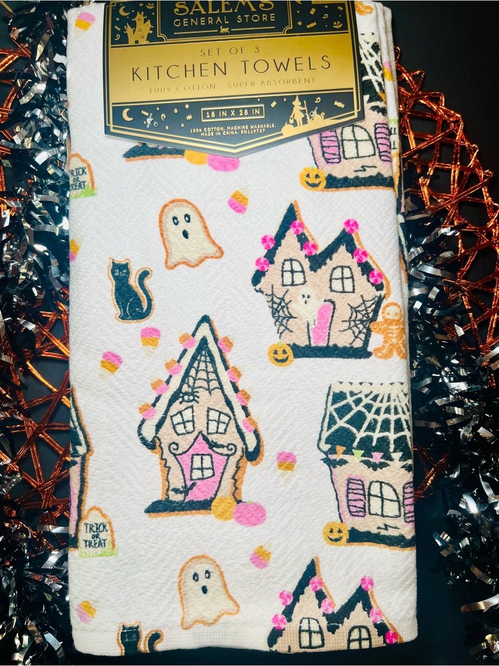 3 Halloween Gingerbread Cottage House Kitchen Towels Ghost Bat Cookies Candy - Picture 10 of 10